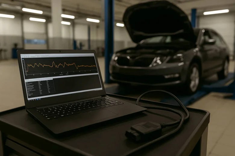 Laptop s grafem pro diagnostiku auta v servisu u vozu se zvednutou kapotou.