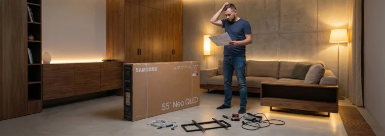 Muž sestavuje televizor s nářadím v obývací místnosti.