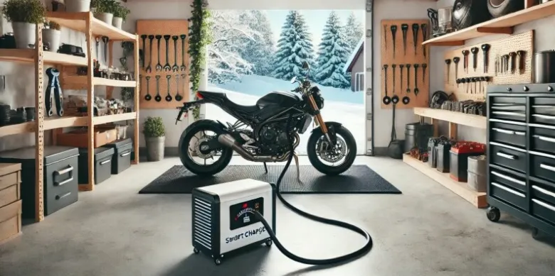 Motocykl v garáži připojený k nabíječce baterie.