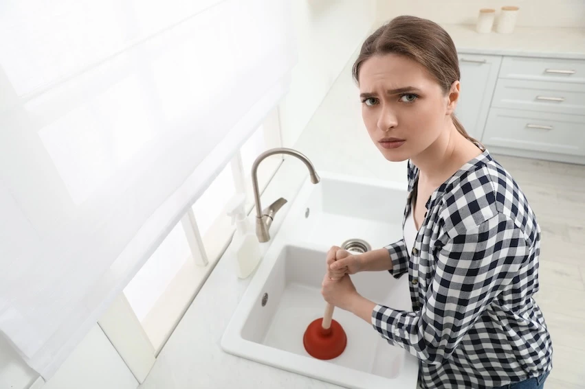 Žena čistí zanesenou kuchyňskou umyvadlovou odtokovou rouru pomocí hadice.