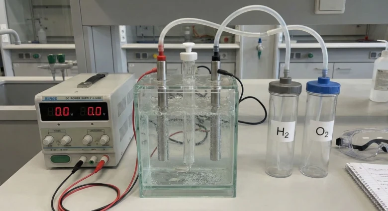 Laboratorní zařízení pro výrobu vodíku elektrolýzou vody.