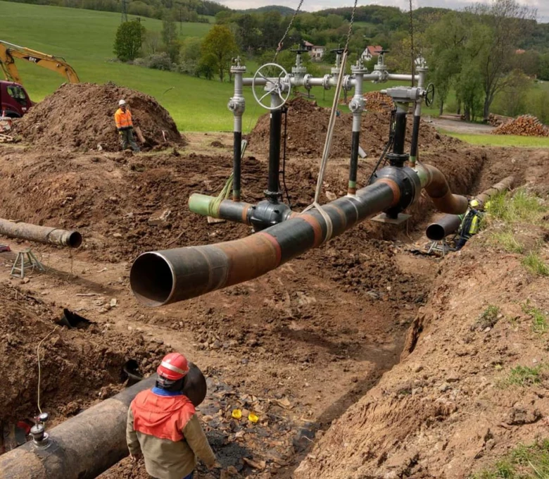 Práce na výstavbě plynovodu s instalací velkých ocelových trubek.