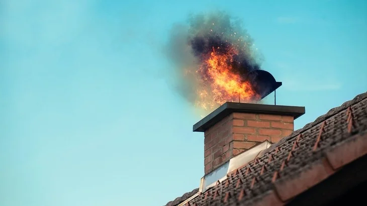 Hořící komín ukazuje nebezpečí zanedbané údržby.