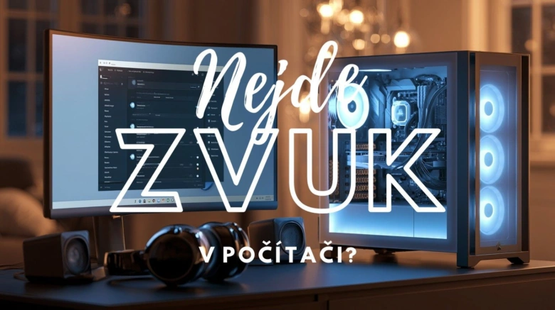 Počítačová sestava s monitorem, sluchátky a reproduktory pro zvukové problémy.