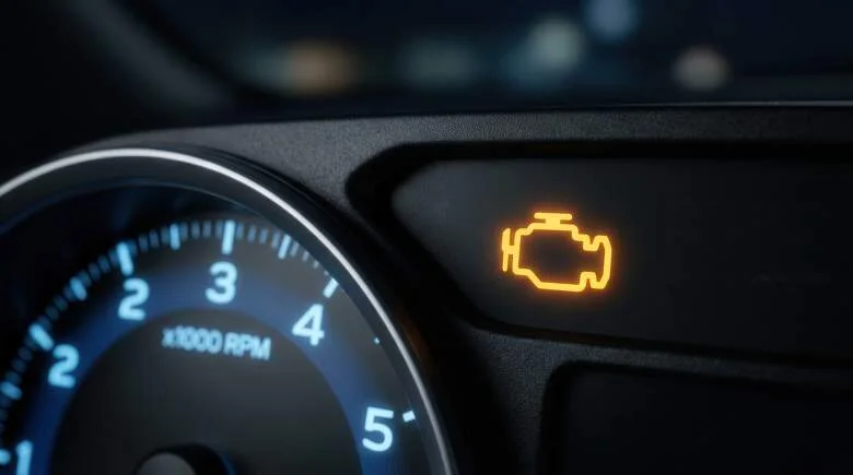 Rozsvícená kontrolka motoru na přístrojové desce automobilu.