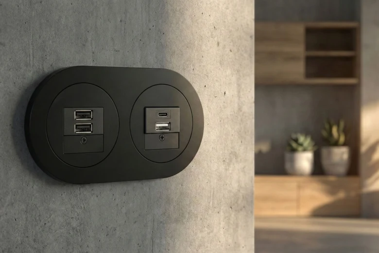 Černá stěnová zásuvka s dvěma USB porty pro nabíjení v domácnosti.