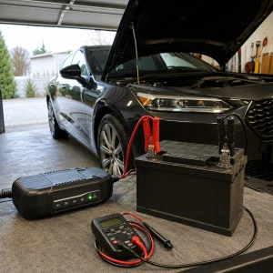 Nabíjení automobilové baterie pomocí externího zdroje s multimetrem v garáži.