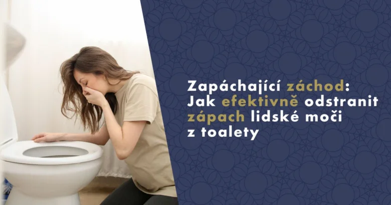 Žena se drží nosu kvůli zápachu z toalety.