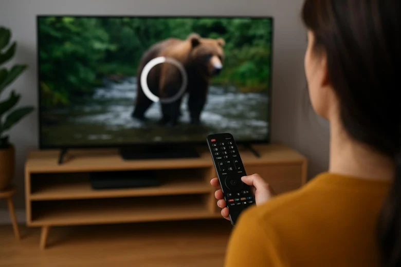 Žena sleduje digitální televizi s medvědem na obrazovce.