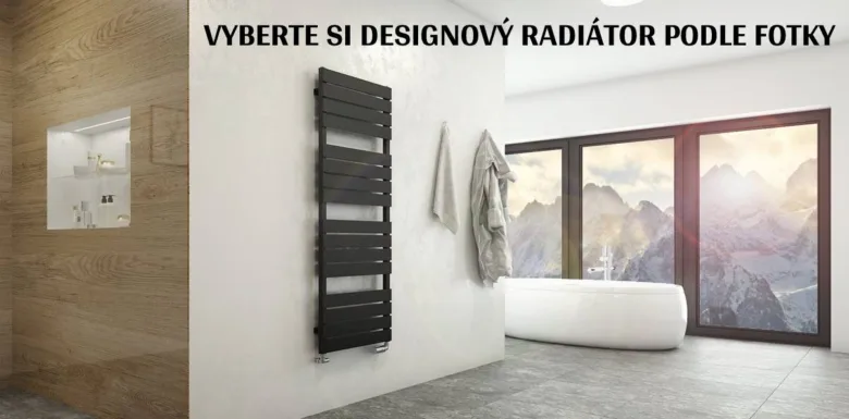 Černý designový radiátor v koupelně s okny na hory.