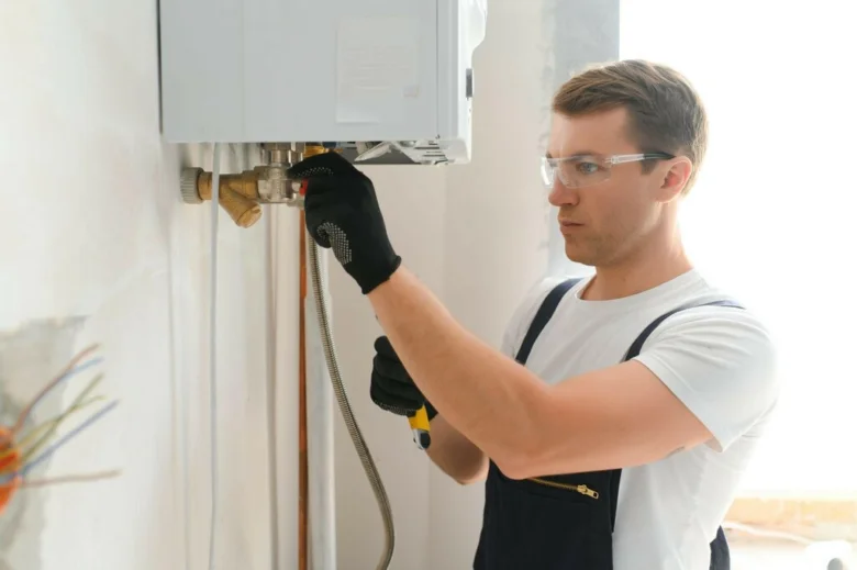 Montáž topného systému: instalace kotle na stěnu.