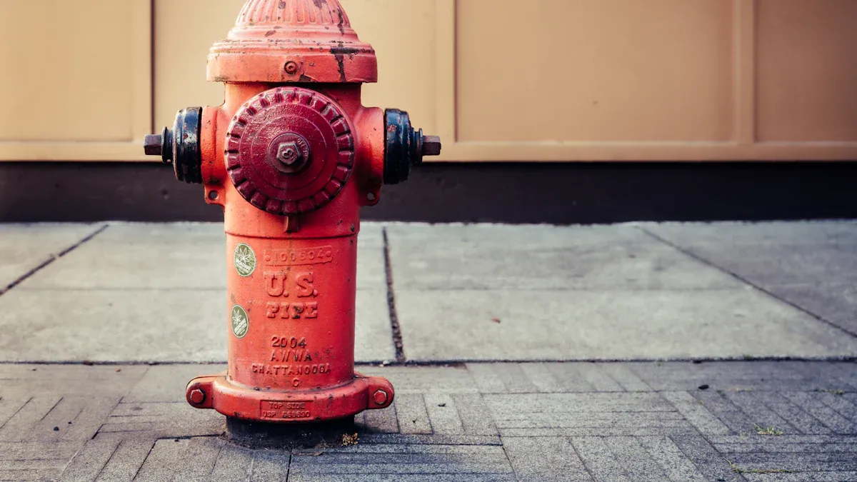 Červený požární hydrant na chodníku u budovy.