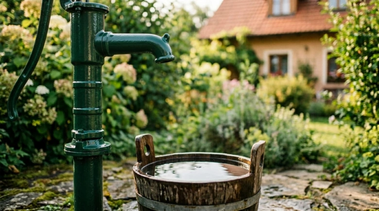 Zelená ruční studna naplňuje dřevěnou kbelík v zahradním prostředí.