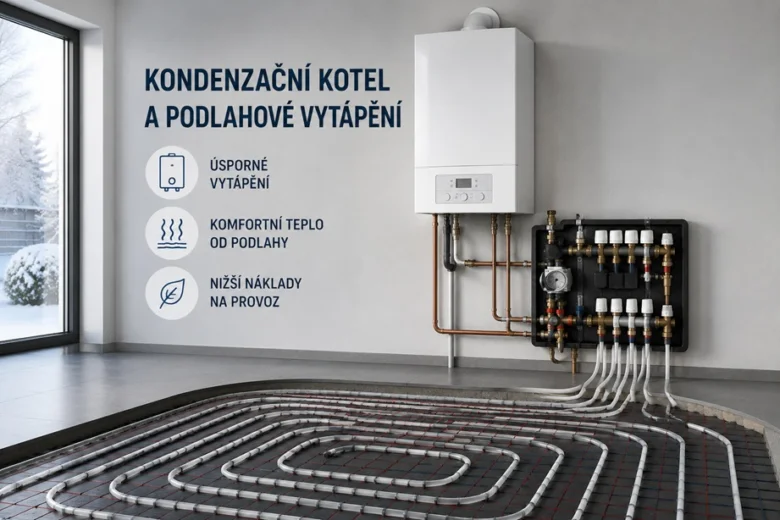 Kondenzační kotel s podlahovým vytápěním v interiéru.