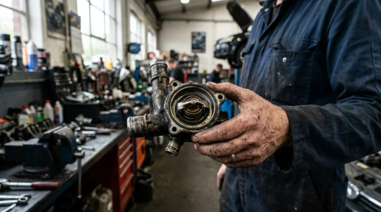 Mechanik drží termostat v rukou ve dílně.