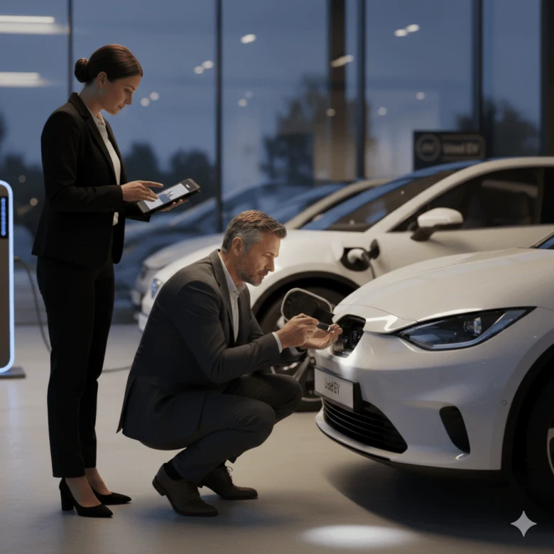 Muž kontroluje nabíjecí konektor elektromobilu v autosalonu.