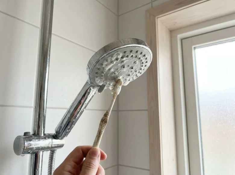Čistění sprchové hlavice zubní kartáčkem proti nízkému tlaku vody.