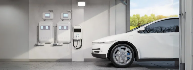 Bílý elektromobil nabíjen u zdi s nábojači v garáži