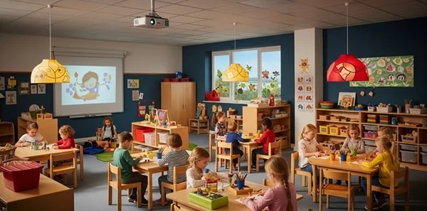 Školní třída s přirozeným a umělým osvětlením pro děti.