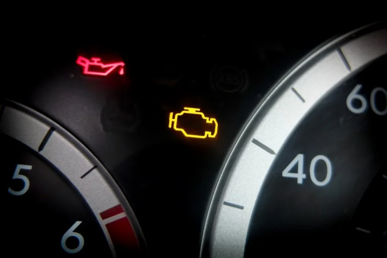 Zapnutá kontrolka motoru na přístrojové desce automobilu.