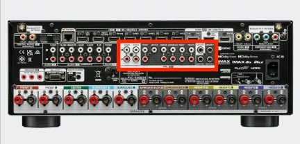 Zadní panel domácího stereo systému s konektory pro reproduktory.