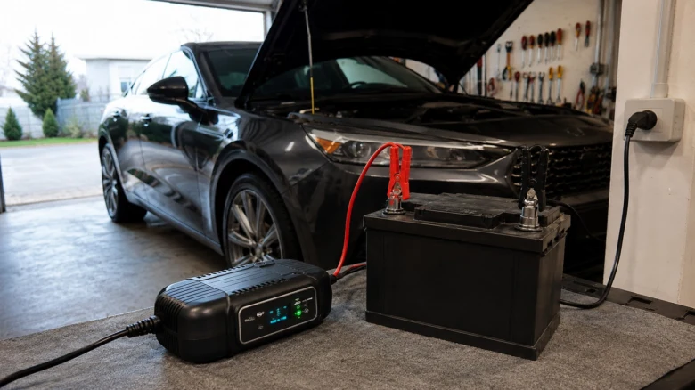 Černá baterie nabíjená pro auto pomocí externího zdroje v garáži.