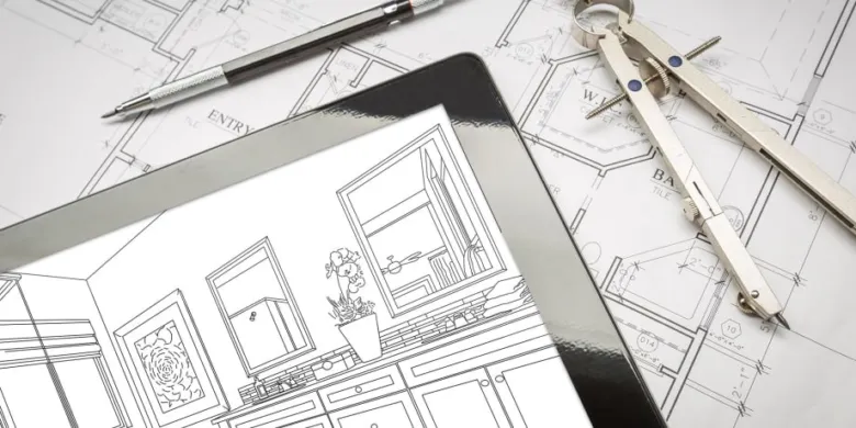 Tablet s návrhem osvětlení na plánech vedle křídového úhlu.