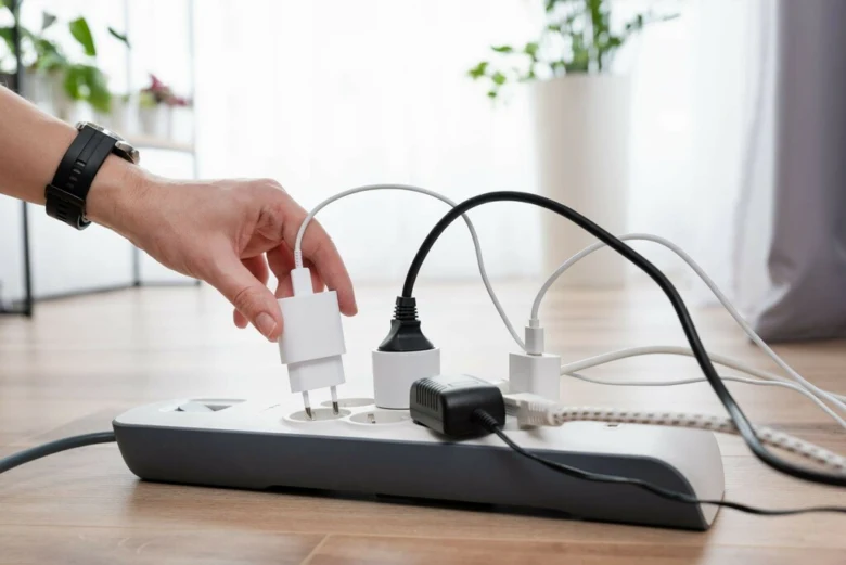 Ruka zapojuje nabíječku do elektrické zásuvky s více adaptéry.
