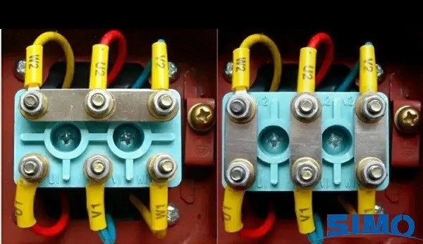 Blízký záběr na svorky vinutí elektromotoru pro měření odporu.