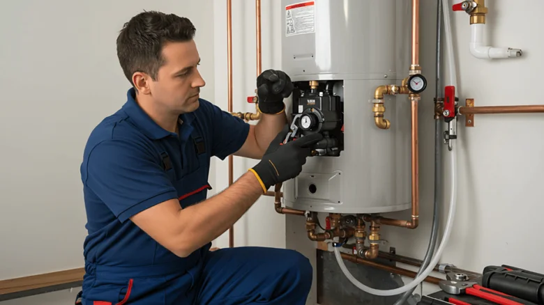 Montér opravuje tlakové ventily na topném systému.