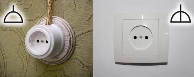 Porovnání dvou typů českých elektrických zásuvek na stěně.
