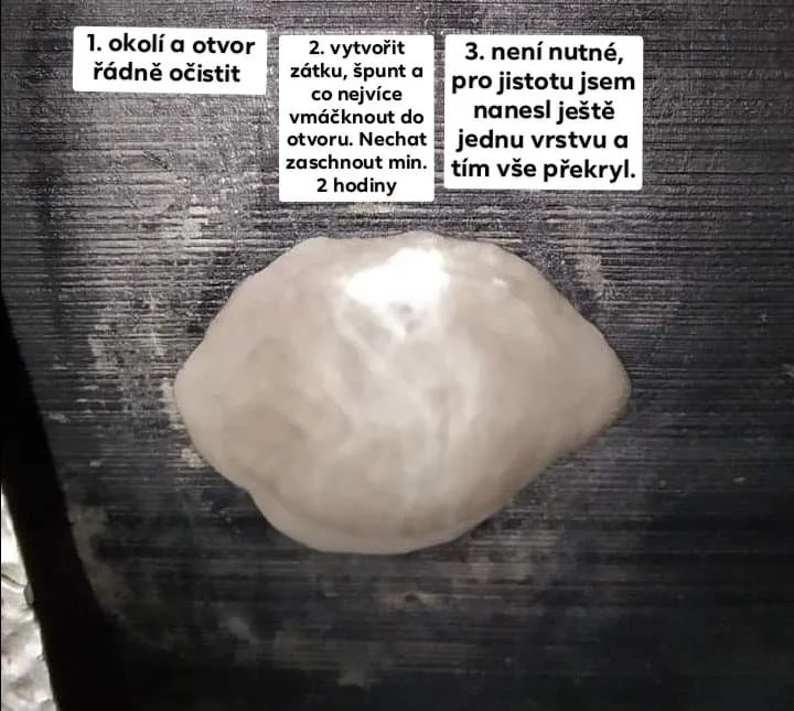 Bílá těsnicí hmota na proražené palivové nádrži s pokyny.