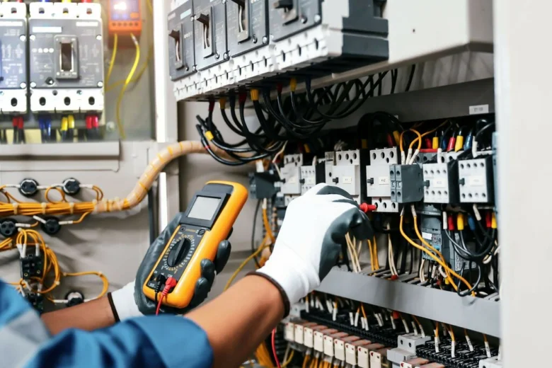 Elektrikář měří proud v rozvaděči s jističem pro výpočet výkonu.
