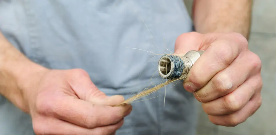 Ruce utěsnují závitové spoje páskou na závity pro instalaci.