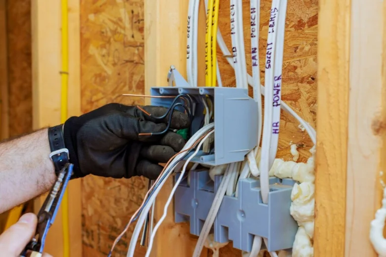 Ruční práce na výměně elektroinstalace v bytě s označenými kabely.