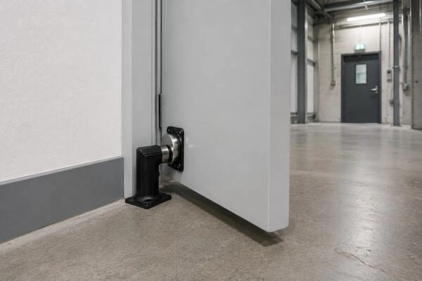 Elektromechanický zámek na bílých dveřích v průmyslovém interiéru.