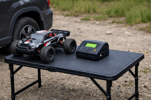 RC auto s nabíječkou na venkovním stole pro články o proudu