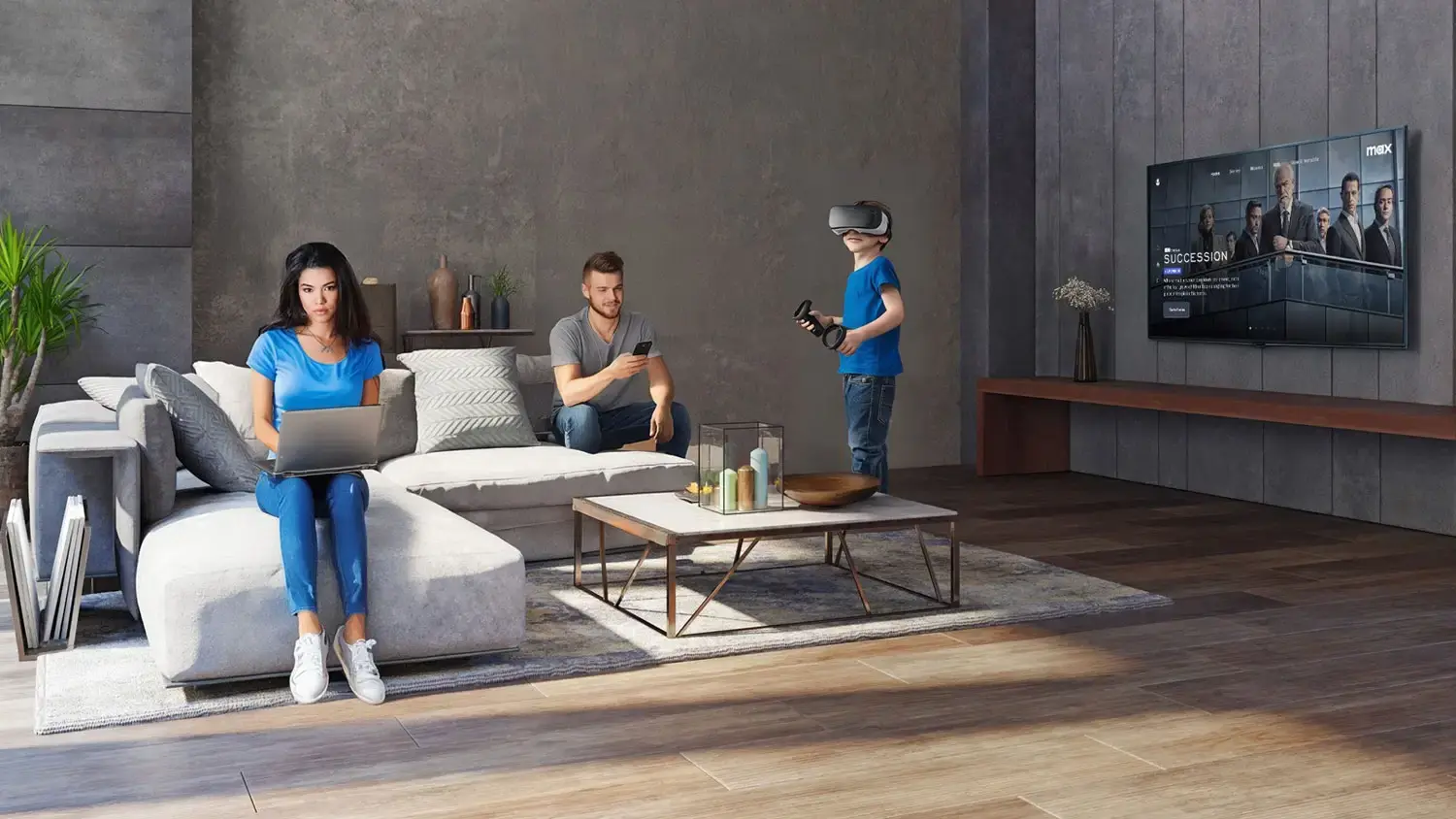 Rodina v obývacím pokoji s digitálními zařízeními pro sledování televize.