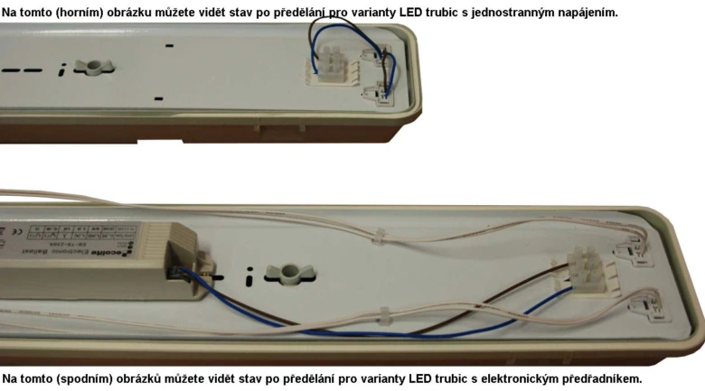 Vnitřní zapojení zářivky s elektronickým předradníkem a LED trubkami.