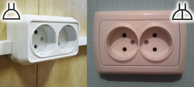 Dvě typy českých elektrických zásuvek na stěně bez schématu podle GOST