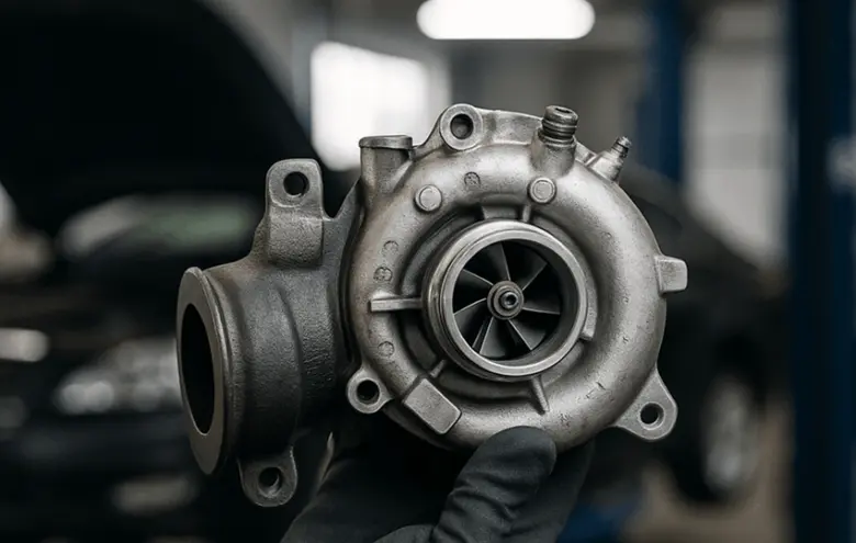 Ruka drží turbodmychadlo v dílně pro opravu úniku oleje.