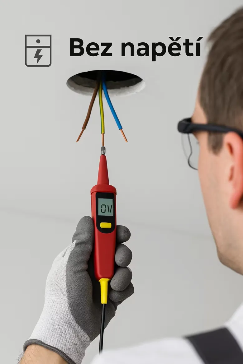 Elektrikář testuje napětí v kabeláž před výměnou svítidla.