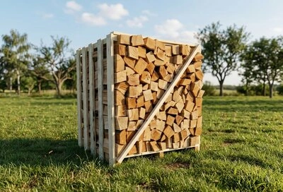Skládané dřevo v paletovém kontejneru na trávníku.