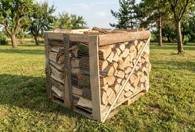 Skládané dřevo v paletovém kontejneru venku na trávníku