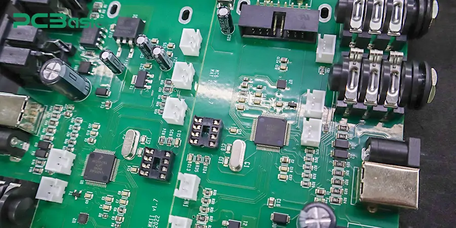 Zelená deska s montovanými SMD součástkami pro elektroniku.