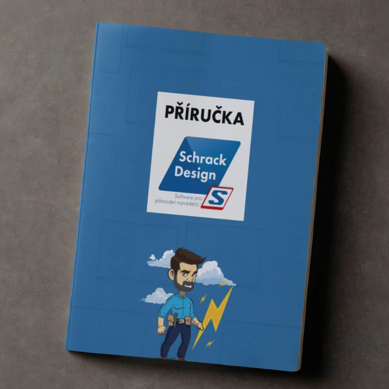 Modrá příručka pro software Schrack Design s kresleným elektrikářem.