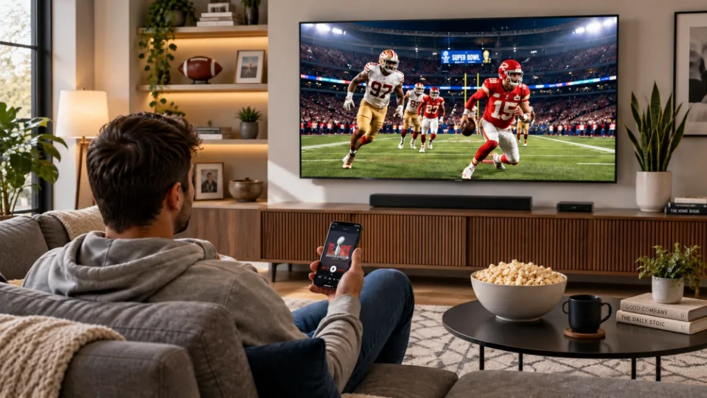 Muž sleduje fotbal na televizi s popcornem v obývacím pokoji.