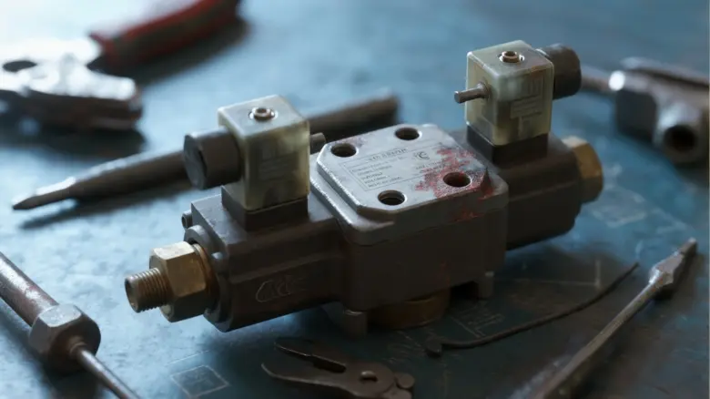 Hydraulický ventil s nářadím na pracovním stole pro diagnostiku selhání.