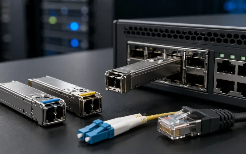 Optické transceivery s barevnými konektory pro vnitřní kabely.