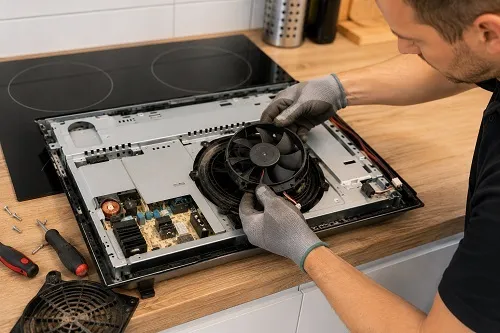 Muž opravuje indukční varnou desku výměnou ventilátoru.